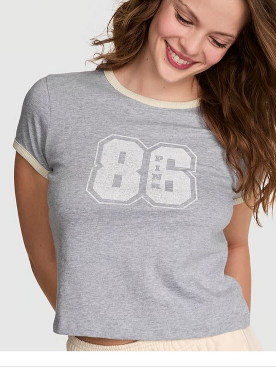 PINK Victoria's Secret Tops - PINK Victoria's Secret Gray Tee Shirt with Cream Trim